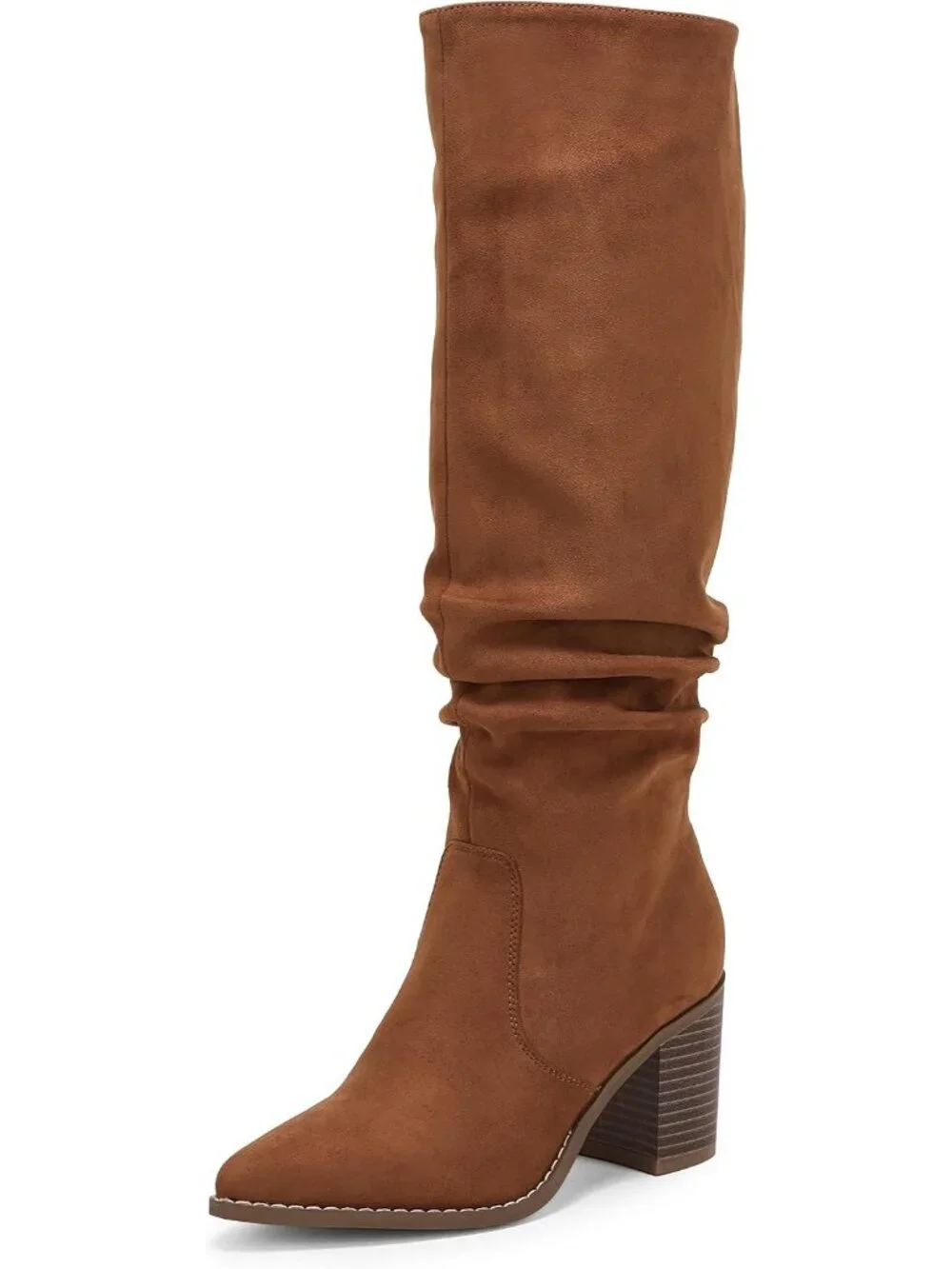 Women's Brown Pointed Toe Mid Chunky Heel Side Zipper Over The Knee Boots